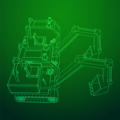 Obraz premium Heavy equipment excavator machine manufacturing power equipment for open pit mining. Wireframe low poly mesh vector illustration