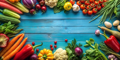 generate an image of vegetables on a blue background so that the background is made of blue boards and the vegetables are located along the edges of the image