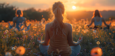 Group of Women Meditating in Nature at Sunset