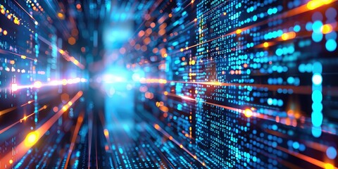 Digital background perfect for tech processes, neural networks, artificial intelligence, data transfer and encryption, digital archives, sound and graphic presentations, science, education, etc