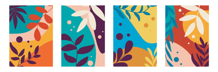 Summer colorful abstract background set. Trendy minimalistic flyer templates with botanical motifs. Tropical leaves and geometric shapes, flyer or leaflet, banner, brochure, vector graphics