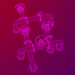 Oil pipeline with valve. Petrol production. Petroleum fuel industry transportation line. Wireframe low poly mesh vector illustration