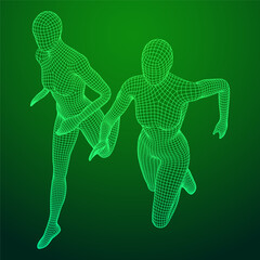 Running woman. Sprinter silhouette. Wireframe low poly mesh vector illustration