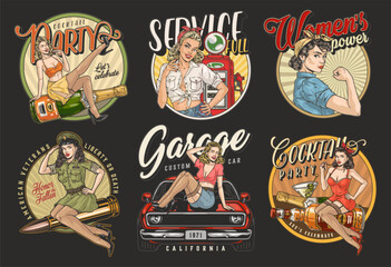 Pinup girls set posters colorful