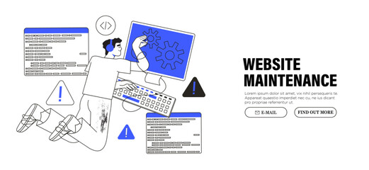 System Update or maintenance. Programmer upgrading operating system or fixing program bug or mistake. IT specialists updating software, programs and applications. Technical error and service support.