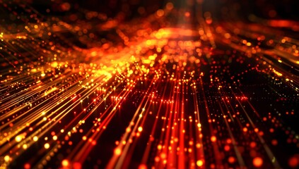 Cinematic shot of glowing red and yellow digital lines on a black background, representing data flow in an advanced network system
