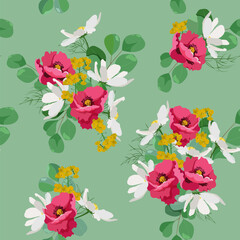 Obraz premium Poppies and eucalyptus on a green background.