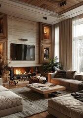 Modern living room with fireplace