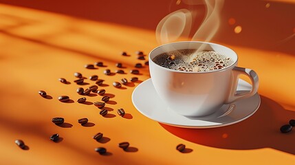 A steamy cup of coffee sits on an orange tabletop, surrounded by scattered coffee beans.