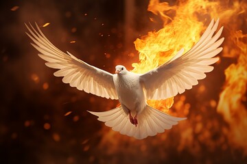 Artistic image of a dove in flight with wings that resemble blazing fire
