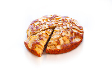 Sweet apple cake on white background.
