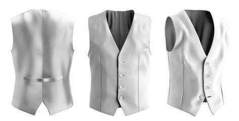 Set of white tailored smart suit vest button waistcoat coat, front back side view on transparent background cutout, PNG file. Mockup template for artwork design