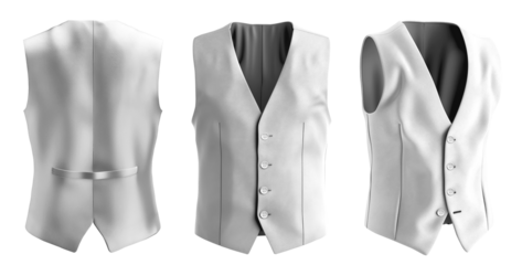 Set of white tailored smart suit vest button waistcoat coat, front back side view on transparent background cutout, PNG file. Mockup template for artwork design