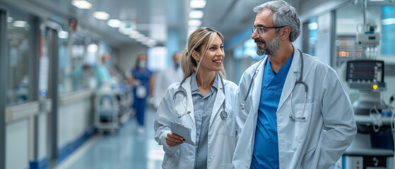 Man and Woman Walking in a Hospital Hallway