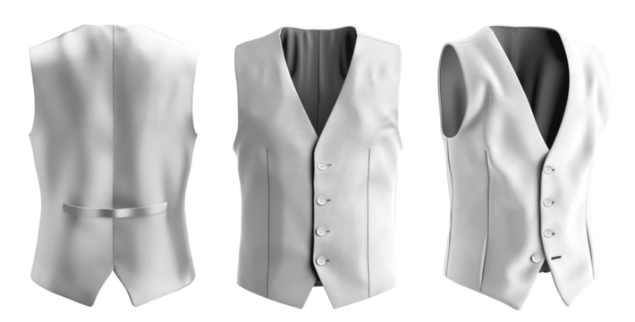 Set of white tailored smart suit vest button waistcoat coat, front back side view on transparent background cutout, PNG file. Mockup template for artwork design