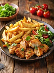 Chicken pieces plate served salad fries healthy diet sauce appetizing presentation