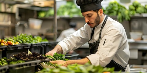 Chef in commercial kitchen sorting biodegradable waste for composting promoting sustainability. Concept Sustainability, Commercial Kitchen, Biodegradable Waste, Composting, Chef