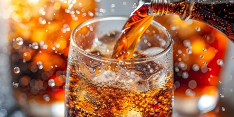 Closeup of cola pouring into glass with ice capturing fizzy bubbles. Concept Food Photography, Refreshing Drinks, Beverage Art, Capturing Bubbles