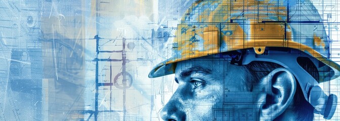Construction worker wearing hard hat looking at building plans.