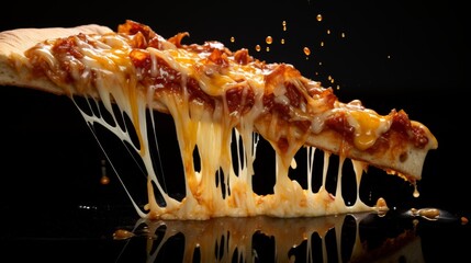 A high-resolution photo of a pizza slice being pulled apart, showcasing the long, elastic strands of melted cheese.