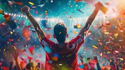A man standing with arms raised in front of a cheering crowd after a sports victory.