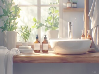 Fototapeta premium Stylish Bathroom. Hands washing concept, soap. High quality photo generated by AI