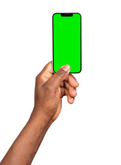 Close up of a male hand holding smart phone with blank green screen isolated white background 