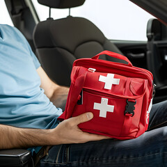 Man with first aid kit inside car, closeup isolated on white background, cinematic, png
