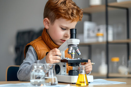 Little boy looking in microscope during science lesson.
