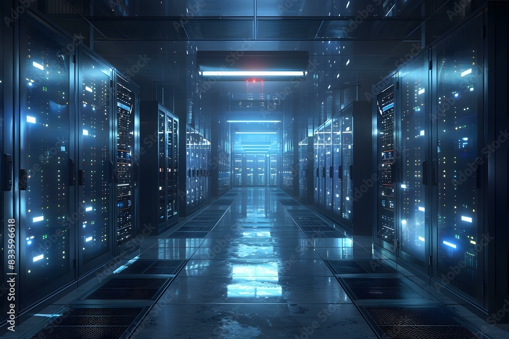 Poster futuristic server room with supercomputers