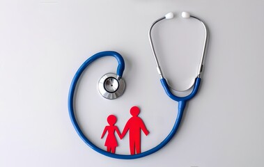 Symbolic image of healthcare. Stethoscope with red paper cutouts of adult and child. Health concept. Medical purpose. Abstract medical photo. AI