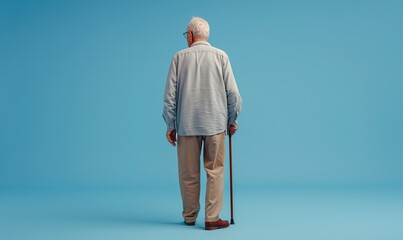 Elderly Man Walking Away with Cane on Plain Background, viewed from behind, isolated on a blue background with ample copy space.