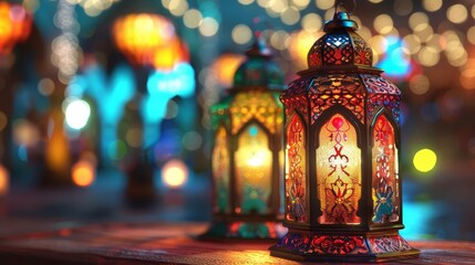 Ornate lanterns with warm glow, symbolizing Ramadan celebration.