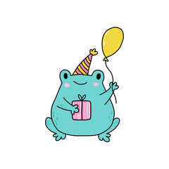 Cute cartoon frog with balloon. Kawaii froggie. Baby animal for childish stickers and prints. Cartoon summer character for kids. Flat childish illustration on a white background