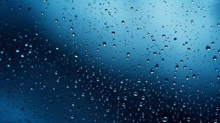 Close-up of rain droplets on a darkly blue background,