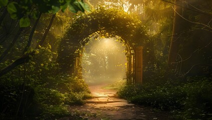 a magical forest gate made of stone, vines and leaves in the middle of an enchanted green fantasy landscape with sunlight shining through the trees