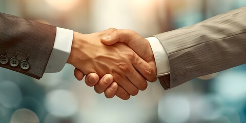 Obraz premium Closeup of professional handshake in corporate setting symbolizing partnership agreement. Concept Corporate Partnerships, Handshake Agreement, Professional Relationships, Business Collaboration