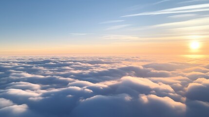 Naklejka premium Dense fog over the ocean, beautiful clouds at sunrise The sun is rising over the sea of clouds.