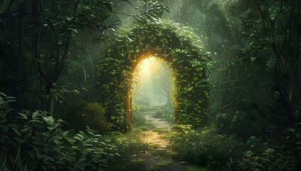 a magical forest gate made of stone, vines and leaves in the middle of an enchanted green fantasy landscape with sunlight shining through the trees