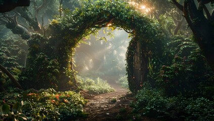 a magical forest gate made of stone, vines and leaves in the middle of an enchanted green fantasy...