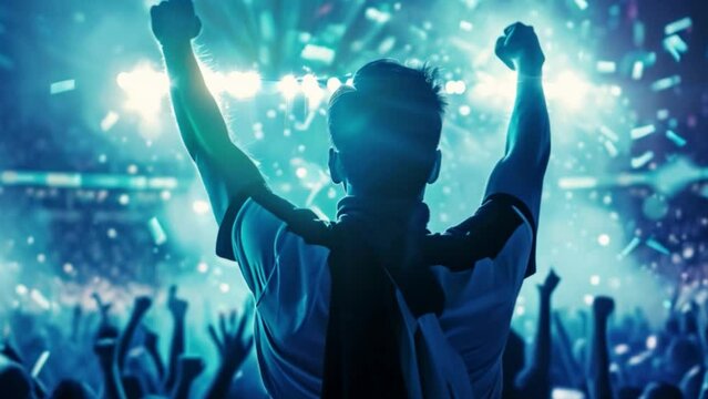A man is standing in front of a cheering crowd, celebrating a sports victory at a concert venue.