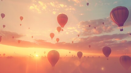 Fototapeta premium Hot air balloons floating in the sky at sunset. The sky is a gradient of orange and yellow, and the clouds are a light pink.