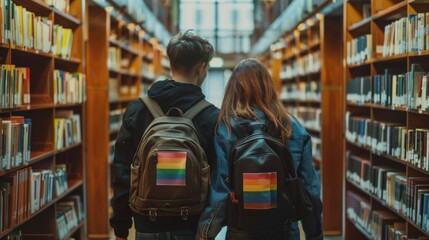 Back view of lovers in a library, holding hands, small rainbow flags on their backpacks, walking among bookshelves, quiet and intellectual setting, serene atmosphere