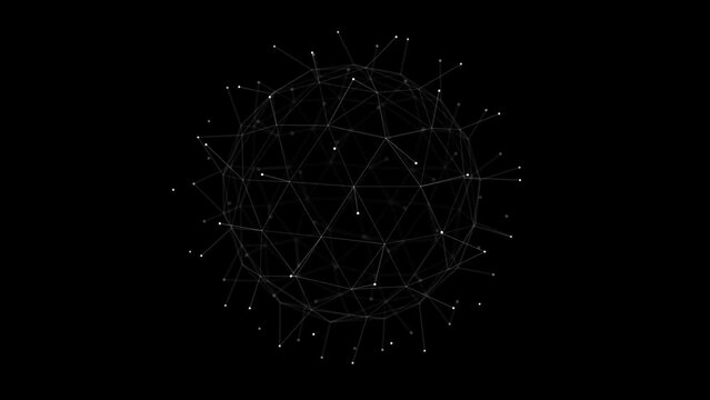 Abstract plexus sphere from white dots, lines and triangles on a black background with depth of field. Technology network background. Seamless loop.