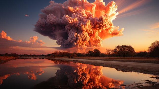 The sunset casts a haunting glow on the mushroom cloud of an explosion,