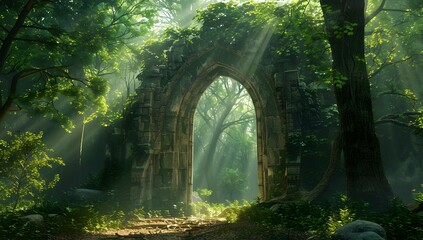 Obraz premium a magical forest gate made of stone, vines and leaves in the middle of an enchanted green fantasy landscape with sunlight shining through the trees