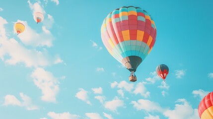 Naklejka premium A colorful hot air balloon festival against a blue sky.