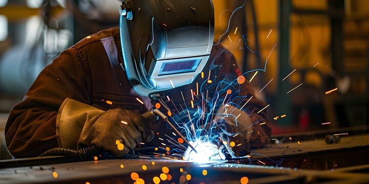 Experienced welder in shop welding metal wearing fireresistant gear for protection. Concept Welding Equipment, Fire-resistant Gear, Metalworking Techniques, Shop Safety, Experienced Welder