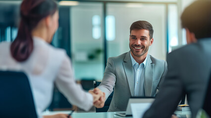 Professional handshake in a bright office.