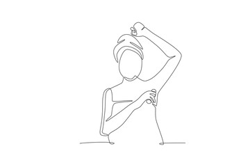 Woman applying deodorant after morning shower. Getting ready in the morning concept one-line drawing